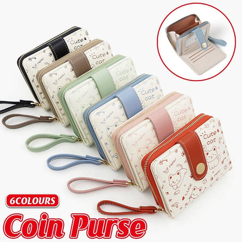 Cat Print Zip Wallet with Coin Purse and Card Slots - Red - view 2