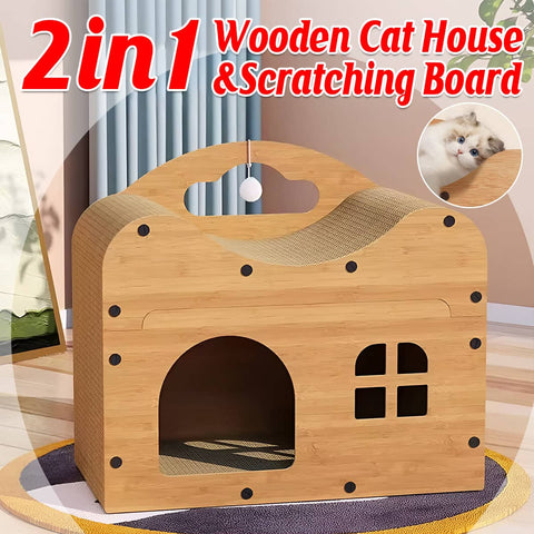 Cat Scratcher House and Cat Bed, Wooden with Sisal Scratch Surfaces