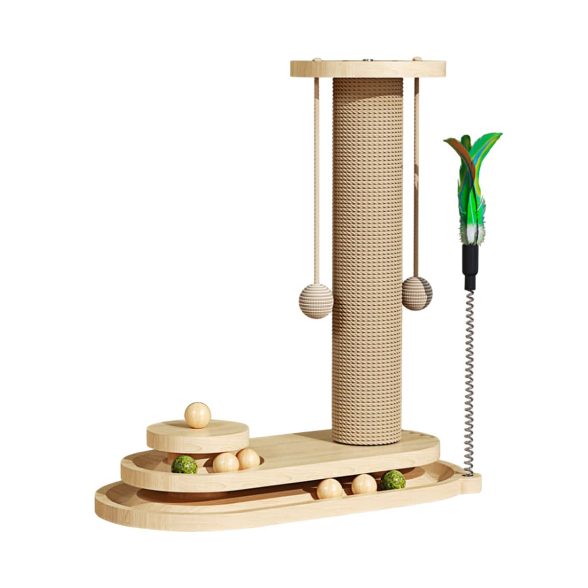 Cat Scratching Post Oval Turntable with Sisal Rope, Feather Teaser and Toy Balls - view 2