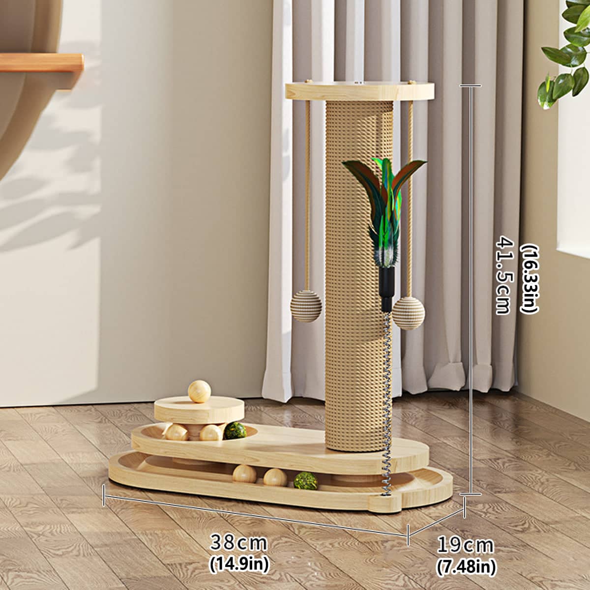 Cat Scratching Post Oval Turntable with Sisal Rope, Feather Teaser and Toy Balls - view 3