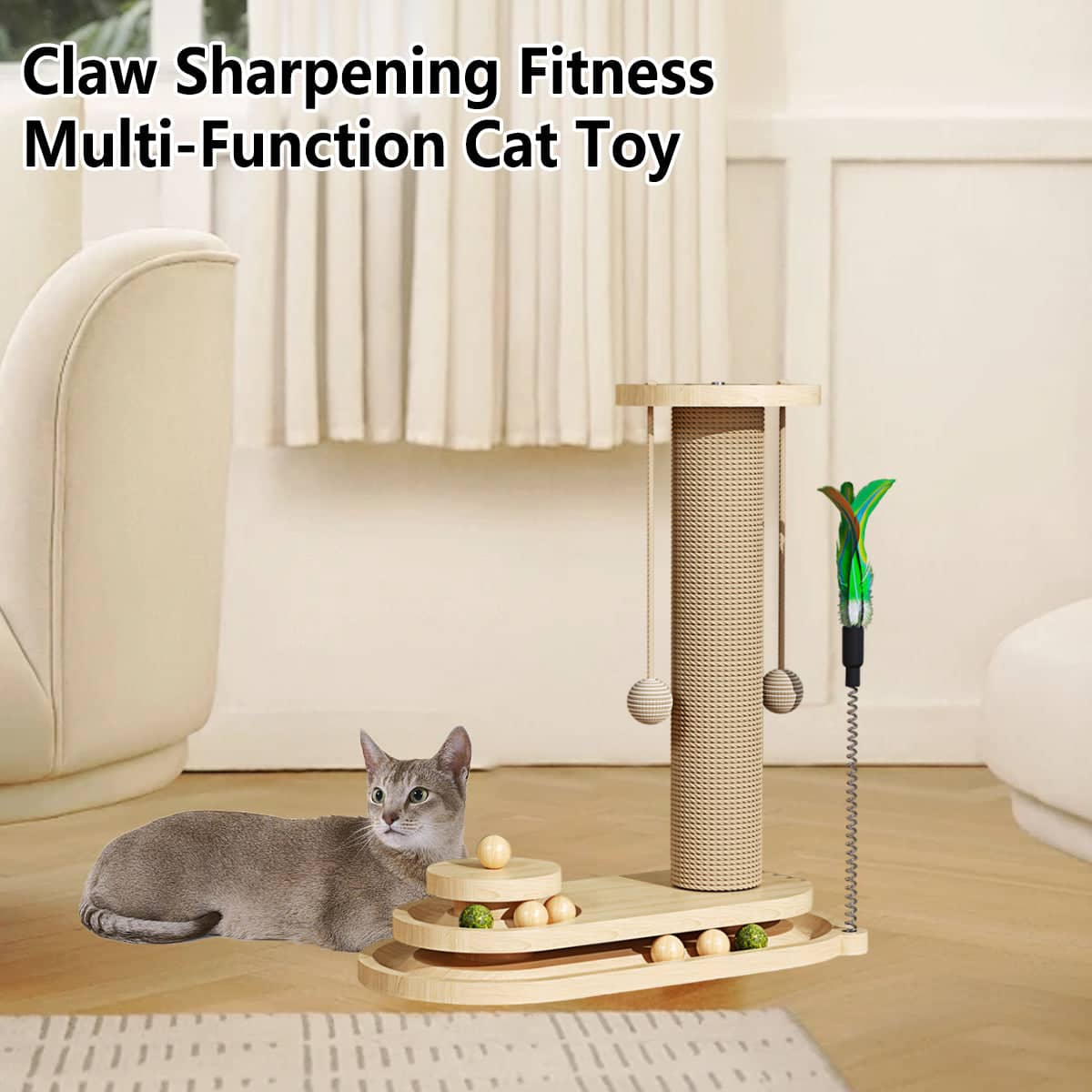 Cat Scratching Post Oval Turntable with Sisal Rope, Feather Teaser and Toy Balls - view 5