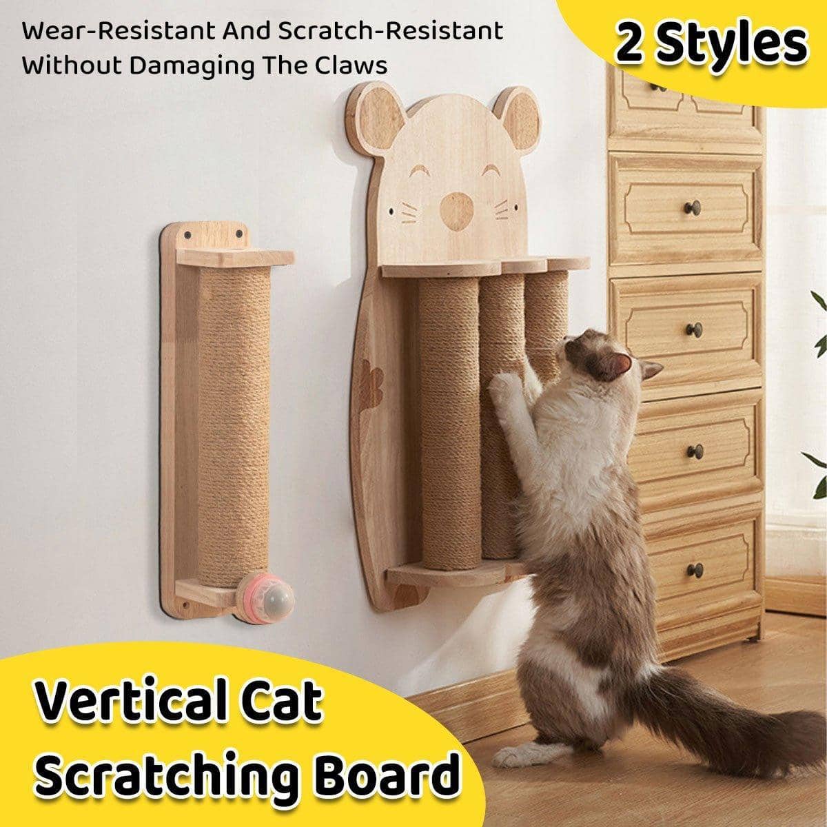 Cat Scratching Post Wall Mounted Sisal Rope - Mouse Style, Solid Wood - view 2