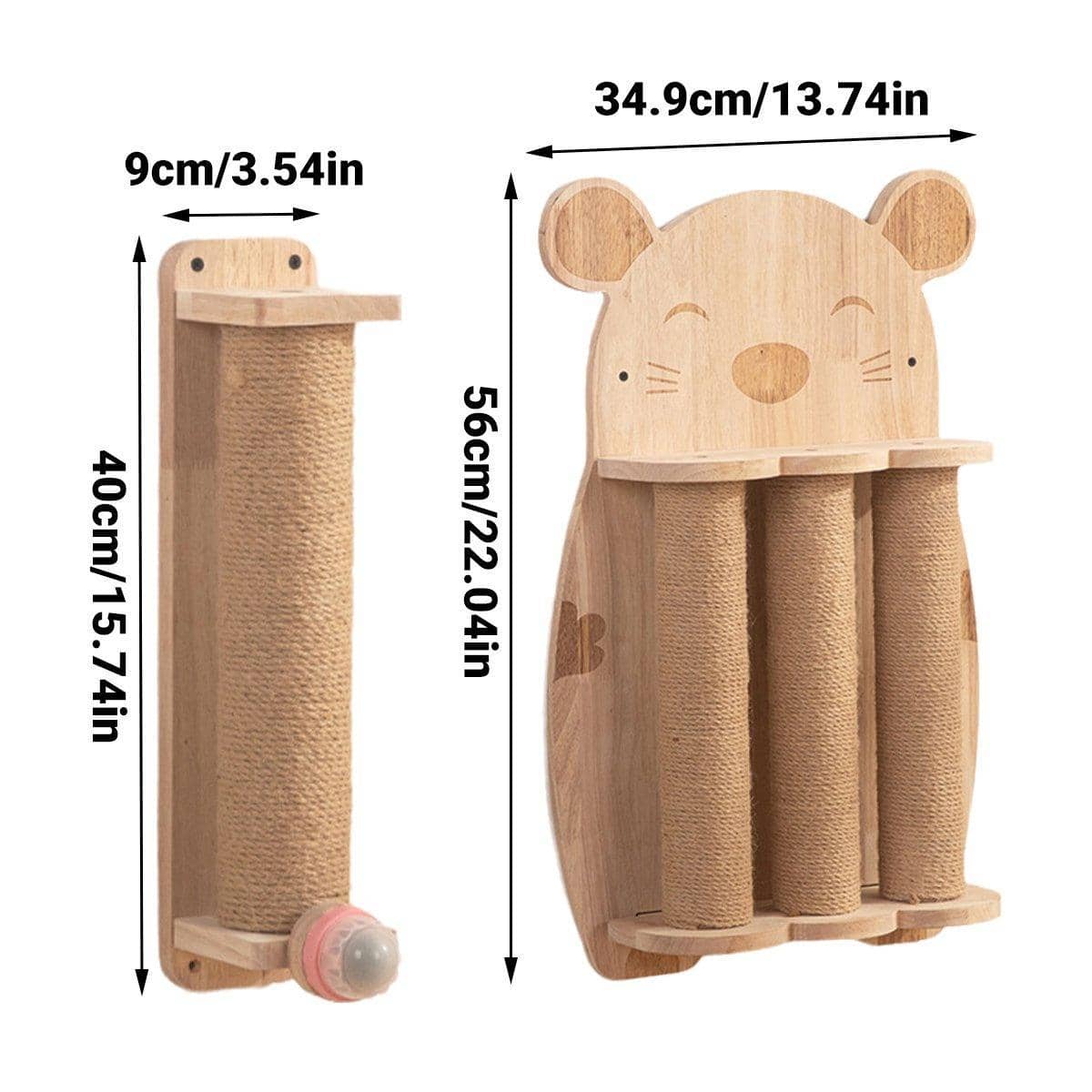 Cat Scratching Post Wall Mounted Sisal Rope - Mouse Style, Solid Wood - view 4