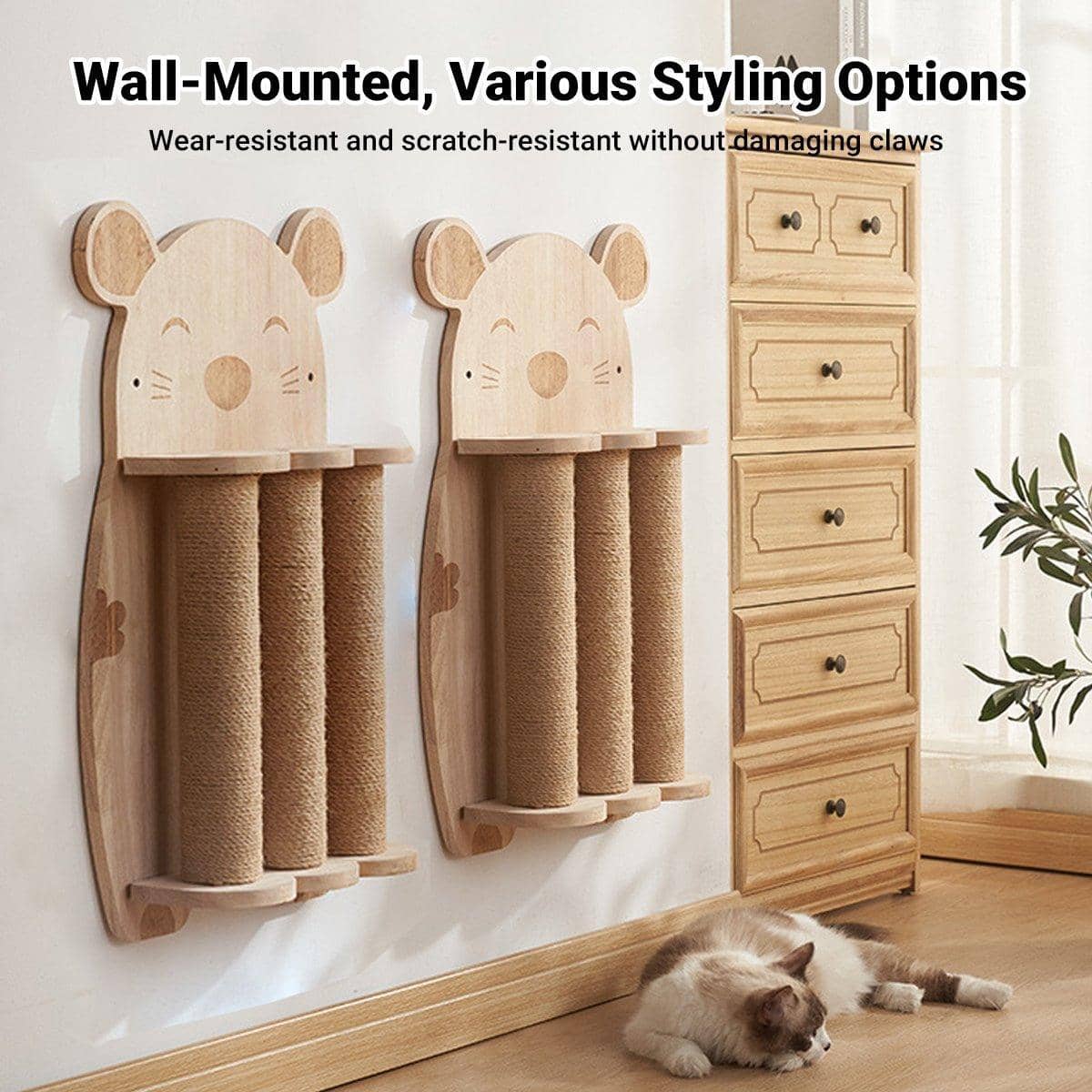 Cat Scratching Post Wall Mounted Sisal Rope - Mouse Style, Solid Wood - view 5