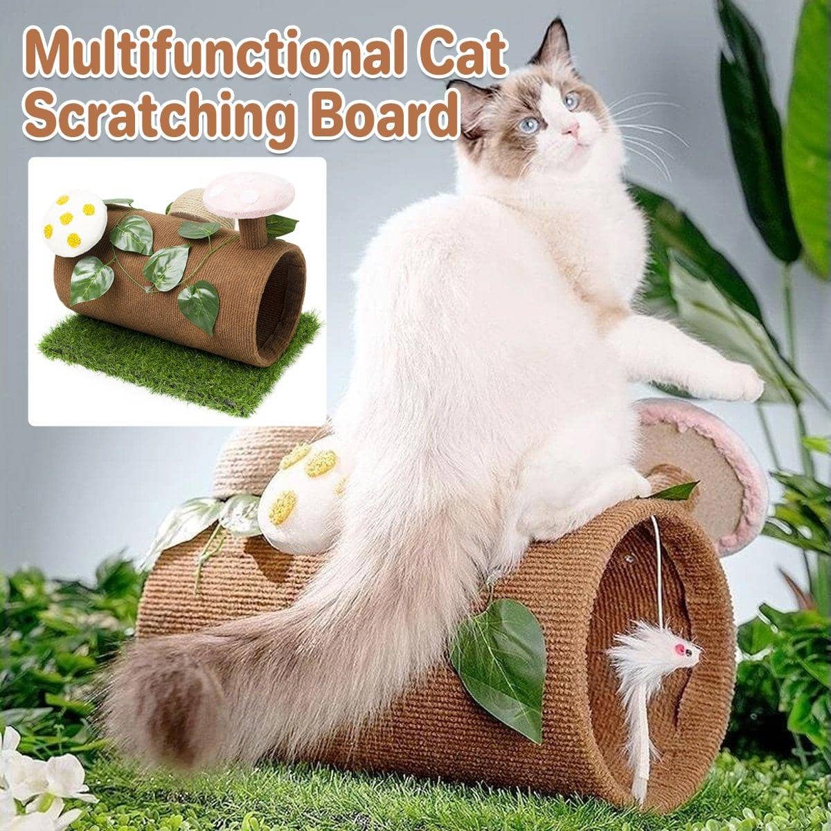 Cat Scratching Tunnel with Mushroom Decorations and Hanging Mouse Toy