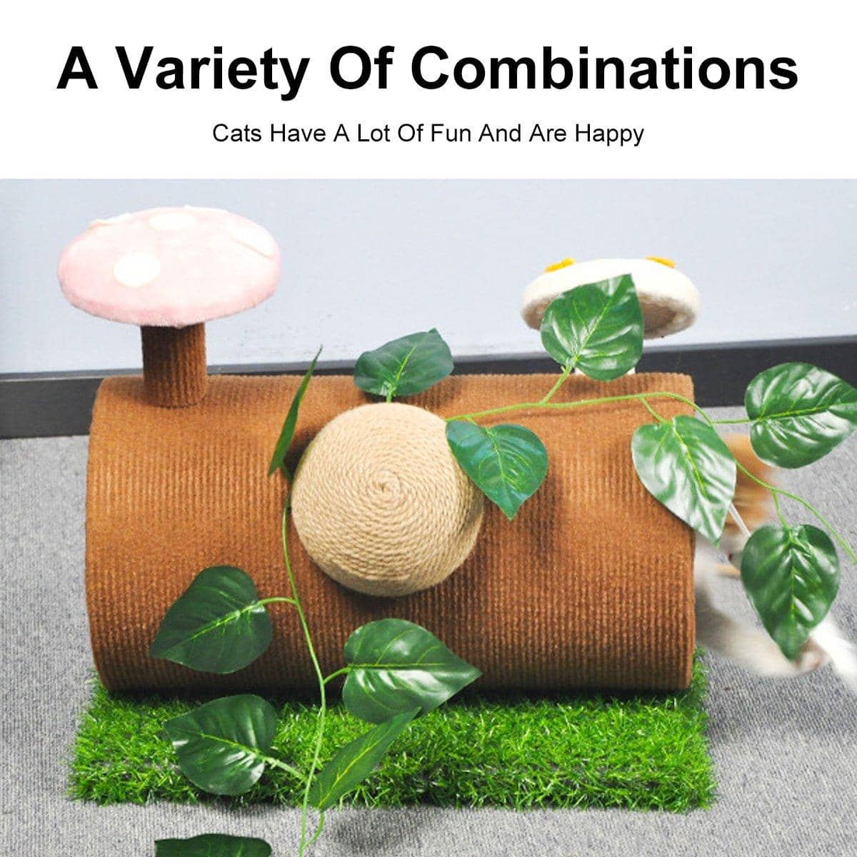 Cat Scratching Tunnel with Mushroom Decorations and Hanging Mouse Toy - view 4