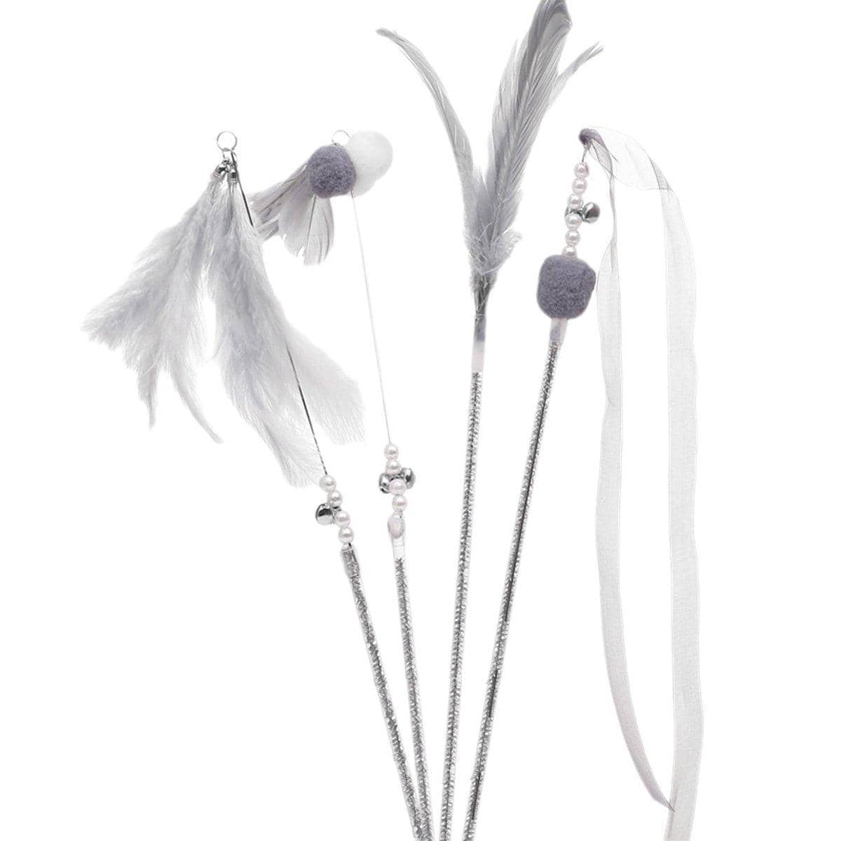 Cat Teaser Stick Set with Bells and Feathers - Grey, Pack of 4