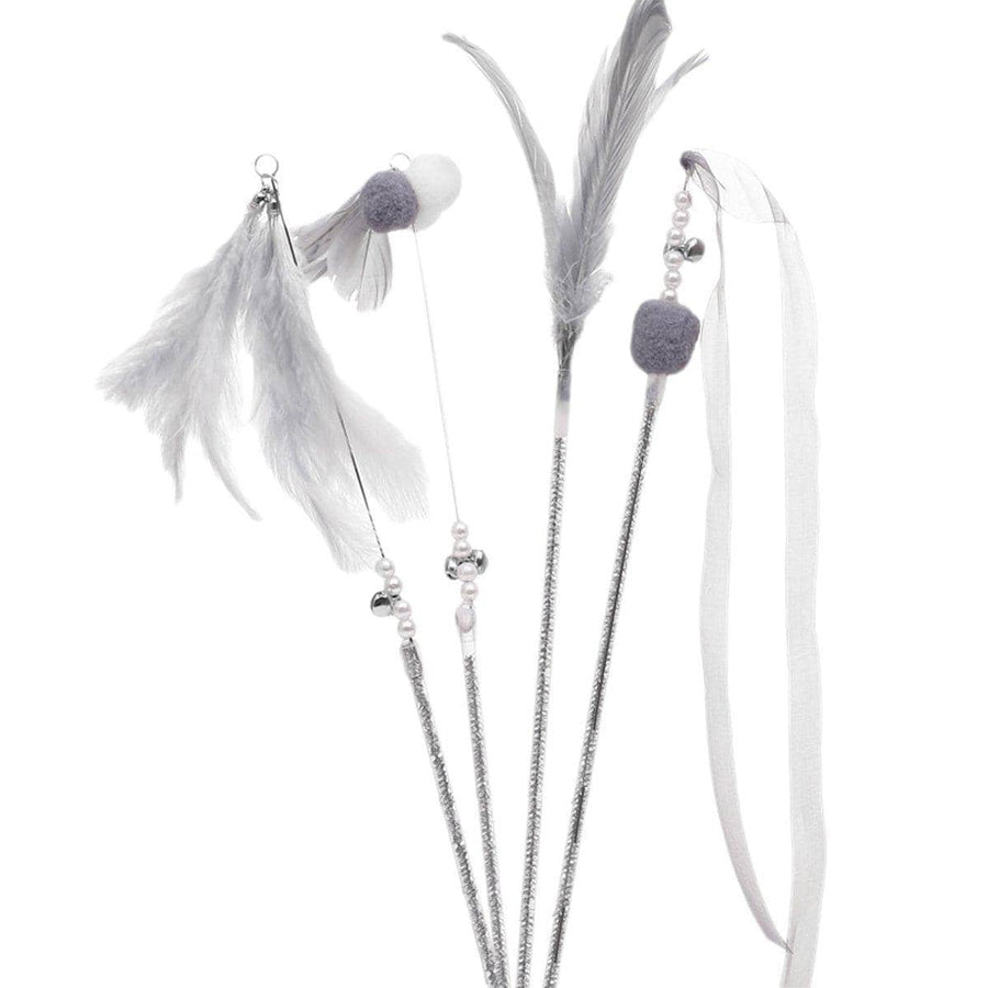Cat Teaser Stick Set with Bells and Feathers - Grey, Pack of 4