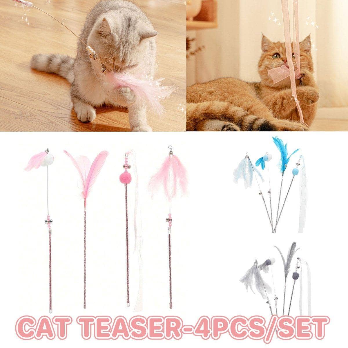 Cat Teaser Stick Set with Bells and Feathers - Grey, Pack of 4 - view 2