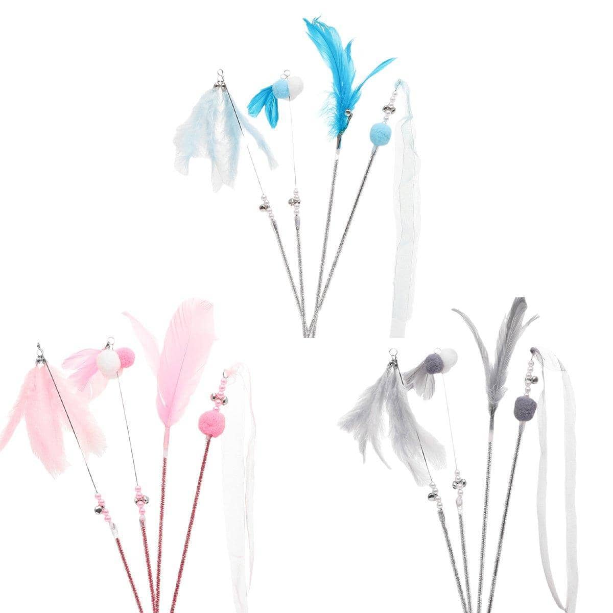 Cat Teaser Stick Set with Bells and Feathers - Grey, Pack of 4 - view 3