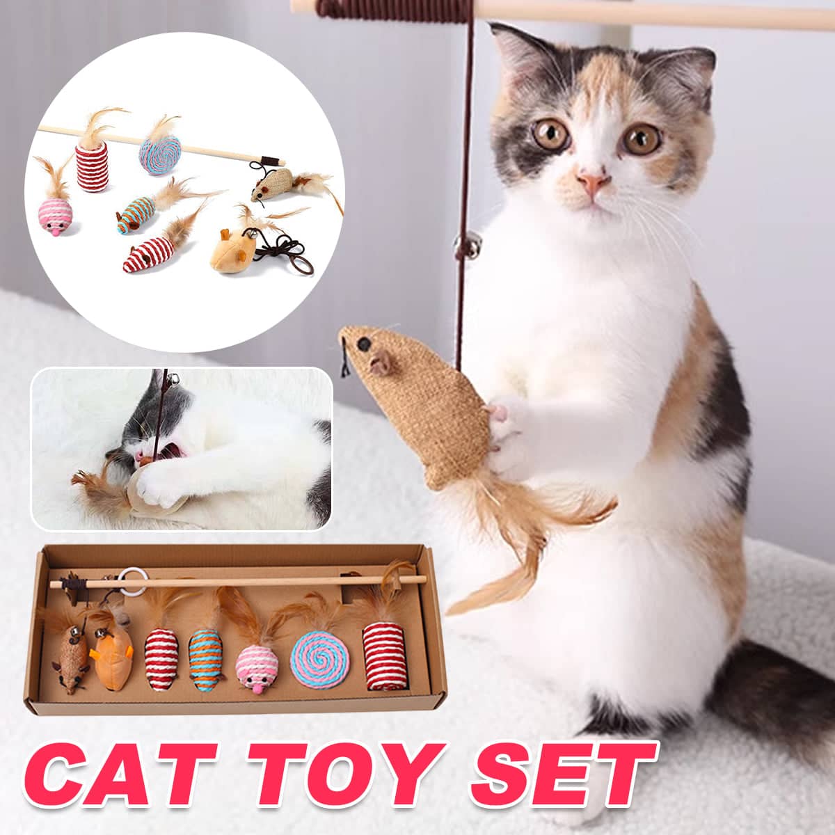 Cat Toys Set of 7 Interactive Kitten Toys with Wand and Feathers for Indoor Cats