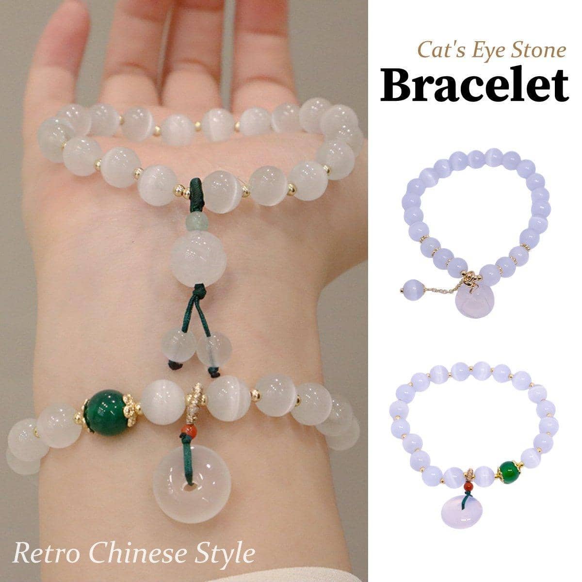 Cat's Eye Beaded Bracelet with Peace Buckle Lotus Pendant - White and Gold, Style 1 - view 2