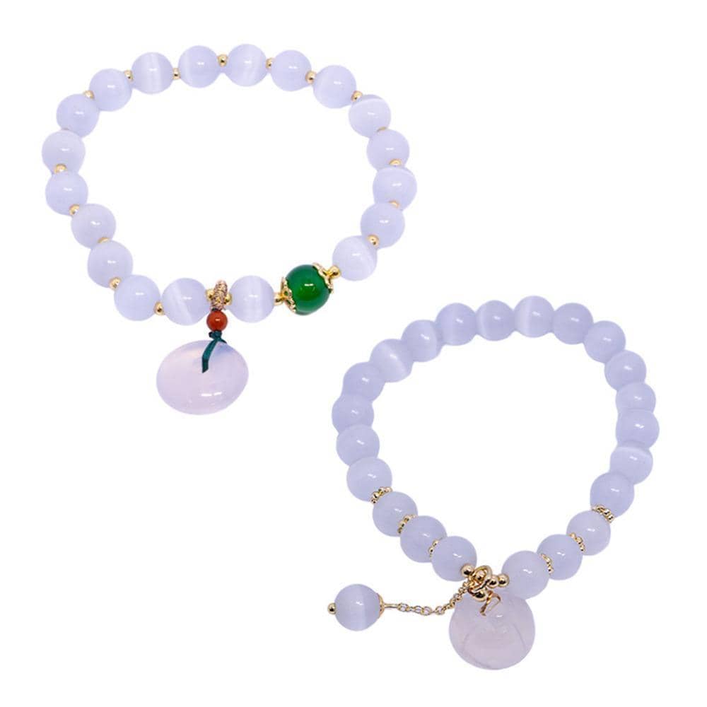 Cat's Eye Beaded Bracelet with Peace Buckle Lotus Pendant - White and Gold, Style 1 - view 3