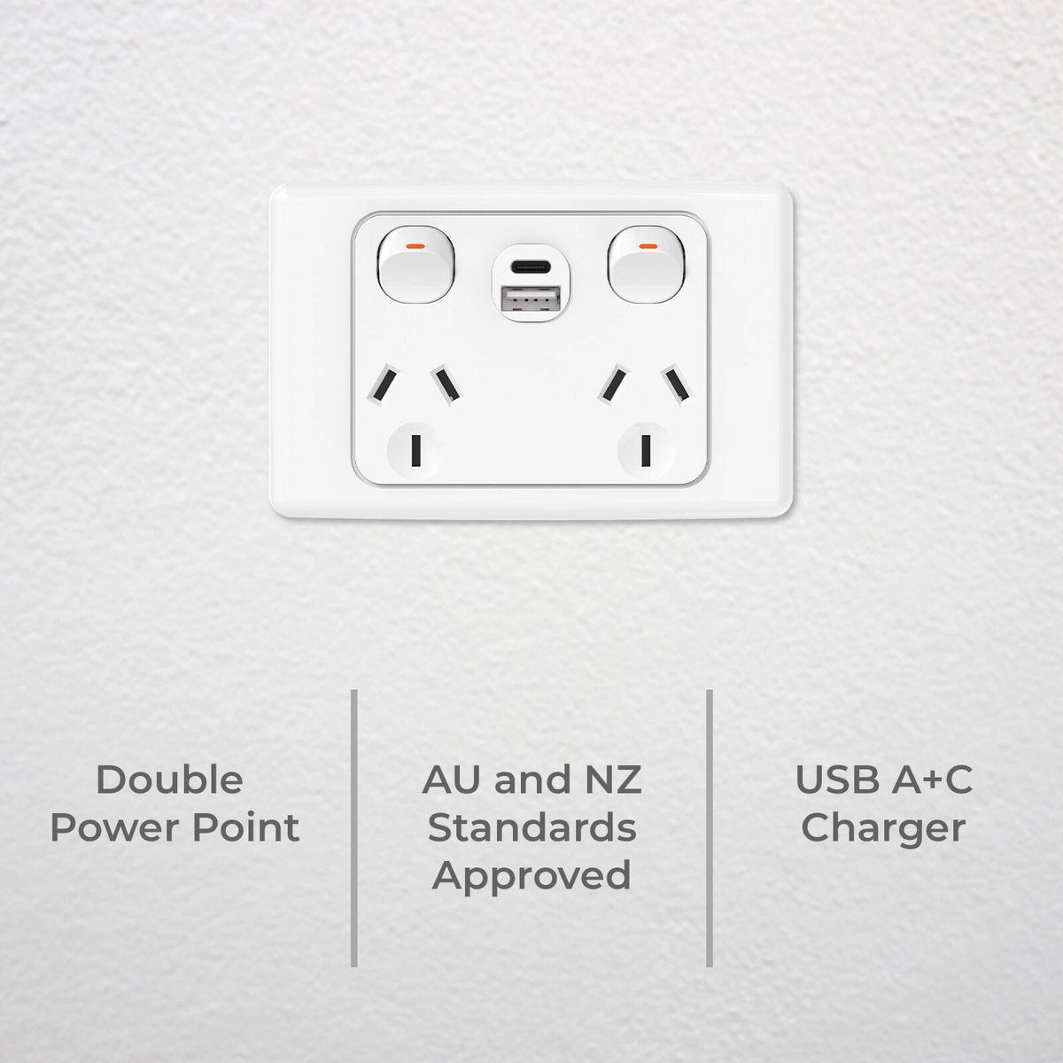 Deta Double Pole Double Power Point with USB A+C - 250V - 10A - 50mm x 74mm x 115mm - SuperSaverAU - view 2