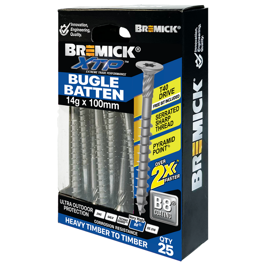 Bremick XTP 14g x 100mm Carbon Steel T40 B8 Bugle Batten Screws 25 Pack