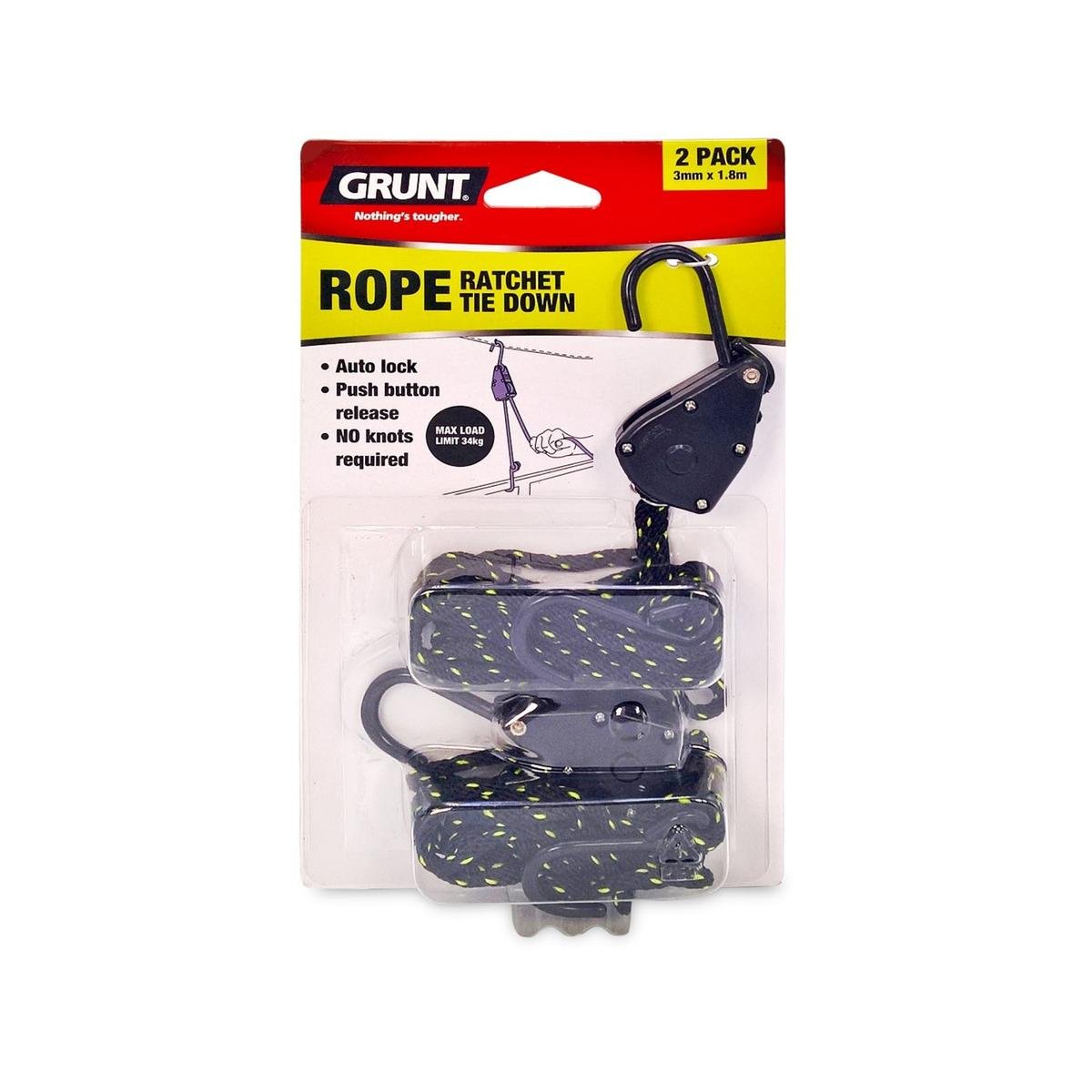 Grunt Rope Ratchet Tie Downs 3mm x 1.8m 2 Pack Auto Lock Benefits - SuperSaverAU - view 1