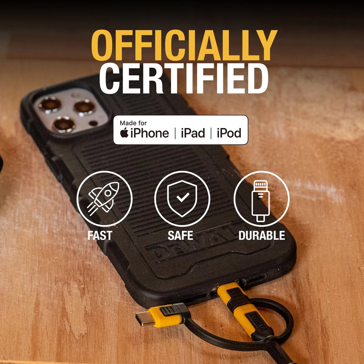Dewalt 1m Retractable Charging Cable - 3 in 1 Type C, Micro USB, Lightning - Kevlar Reinforced