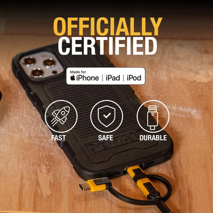 Dewalt 1m Retractable Charging Cable - 3 in 1 Type C, Micro USB, Lightning - Kevlar Reinforced