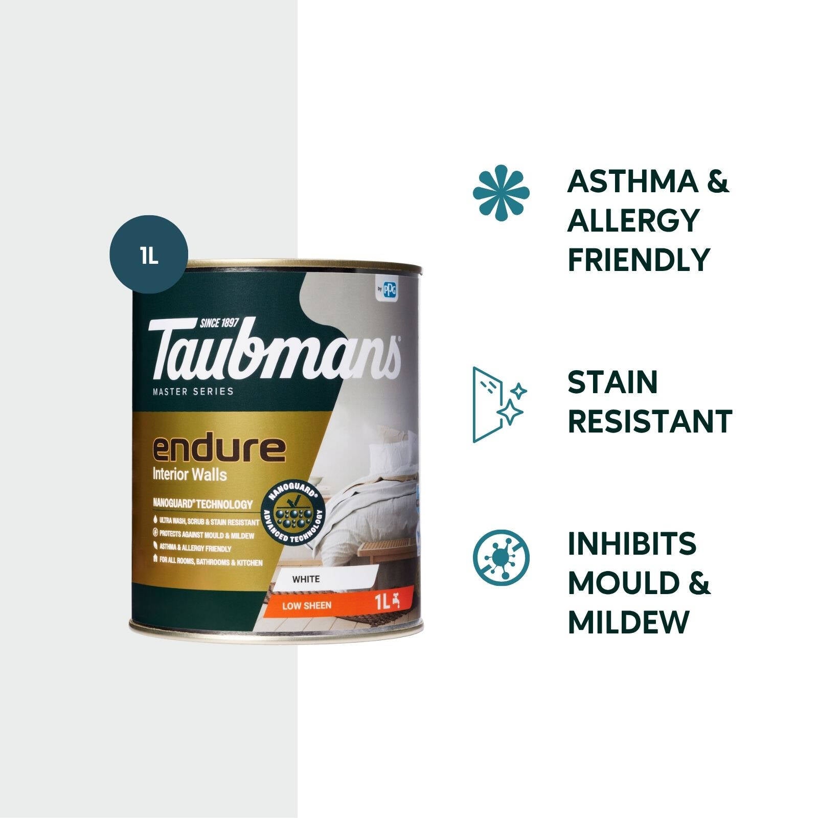 Taubmans Endure 1L White Untinted Low Sheen Interior Wall Paint Stain Resistant
