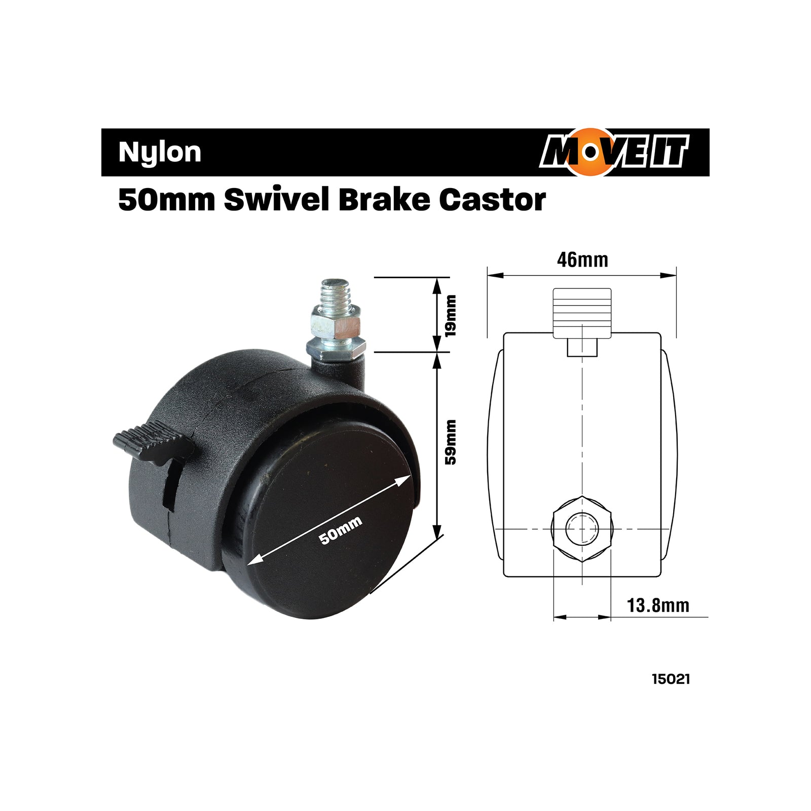 Move It 50mm 5/16" Threaded Hooded Furniture Castor with Brake, Nylon Twin Wheel, 50kg - 2 Pack