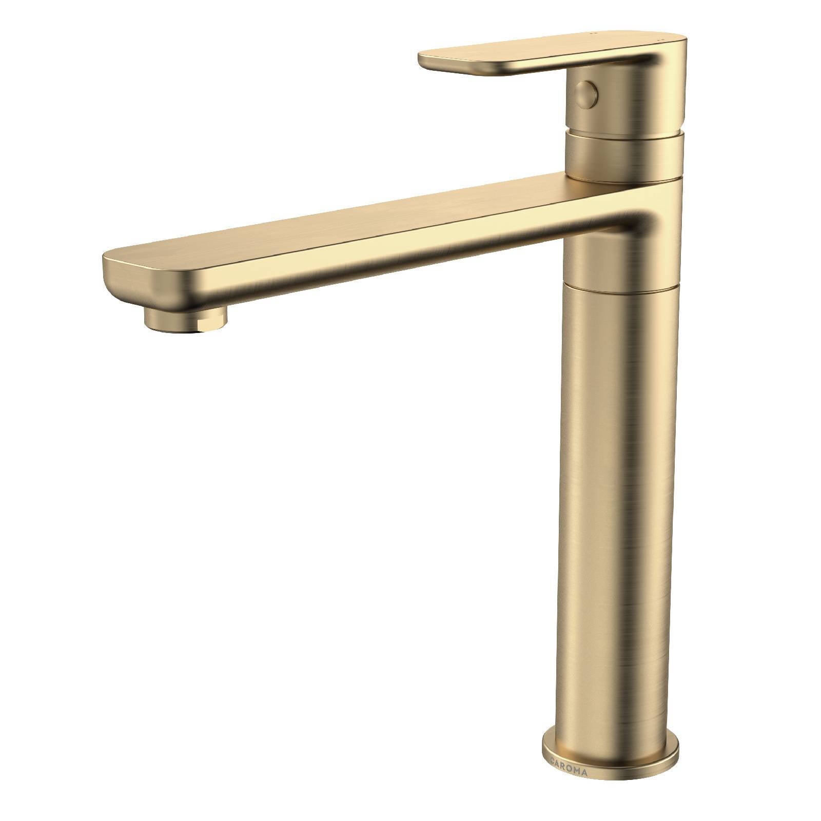 Caroma Luna Lead Free Sink Mixer Brushed Brass, 7.5L/min 4 Star, 195mm Spout Reach Paddle Handle