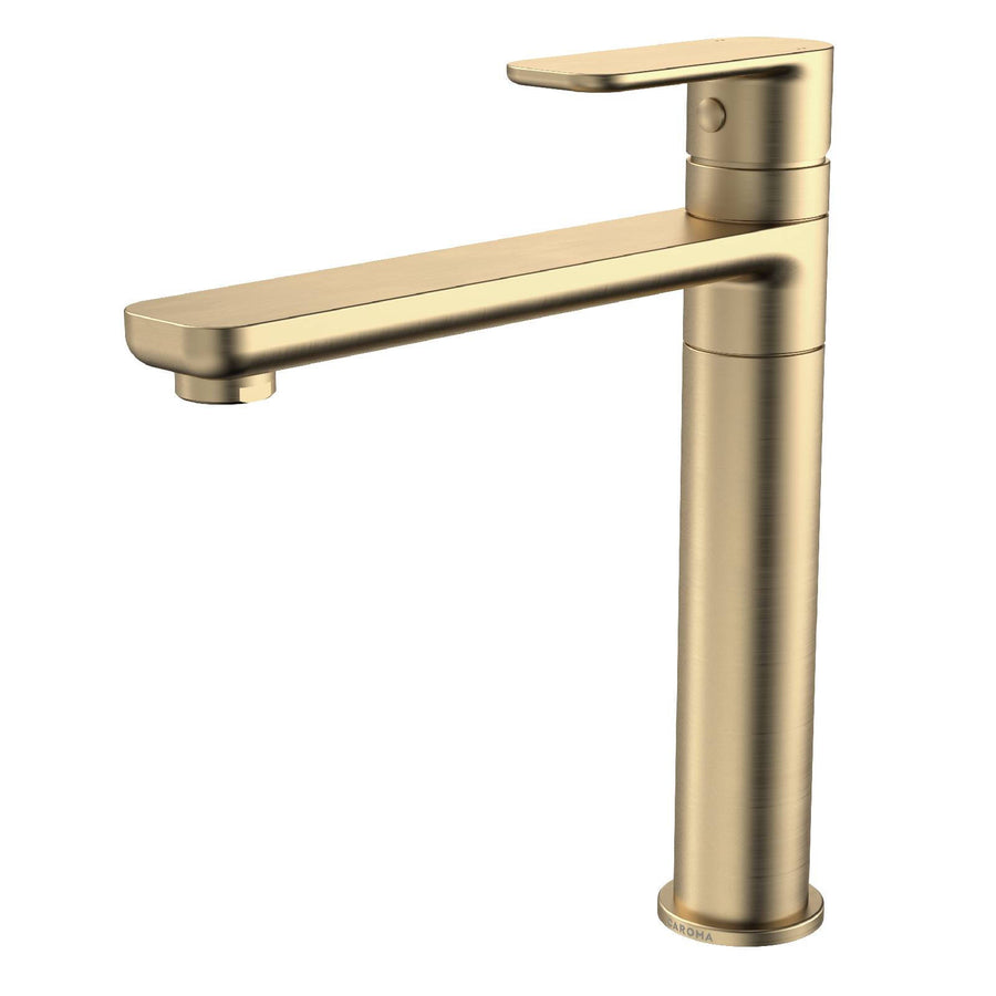 Caroma Luna Lead Free Sink Mixer Brushed Brass, 7.5L/min 4 Star, 195mm Spout Reach Paddle Handle