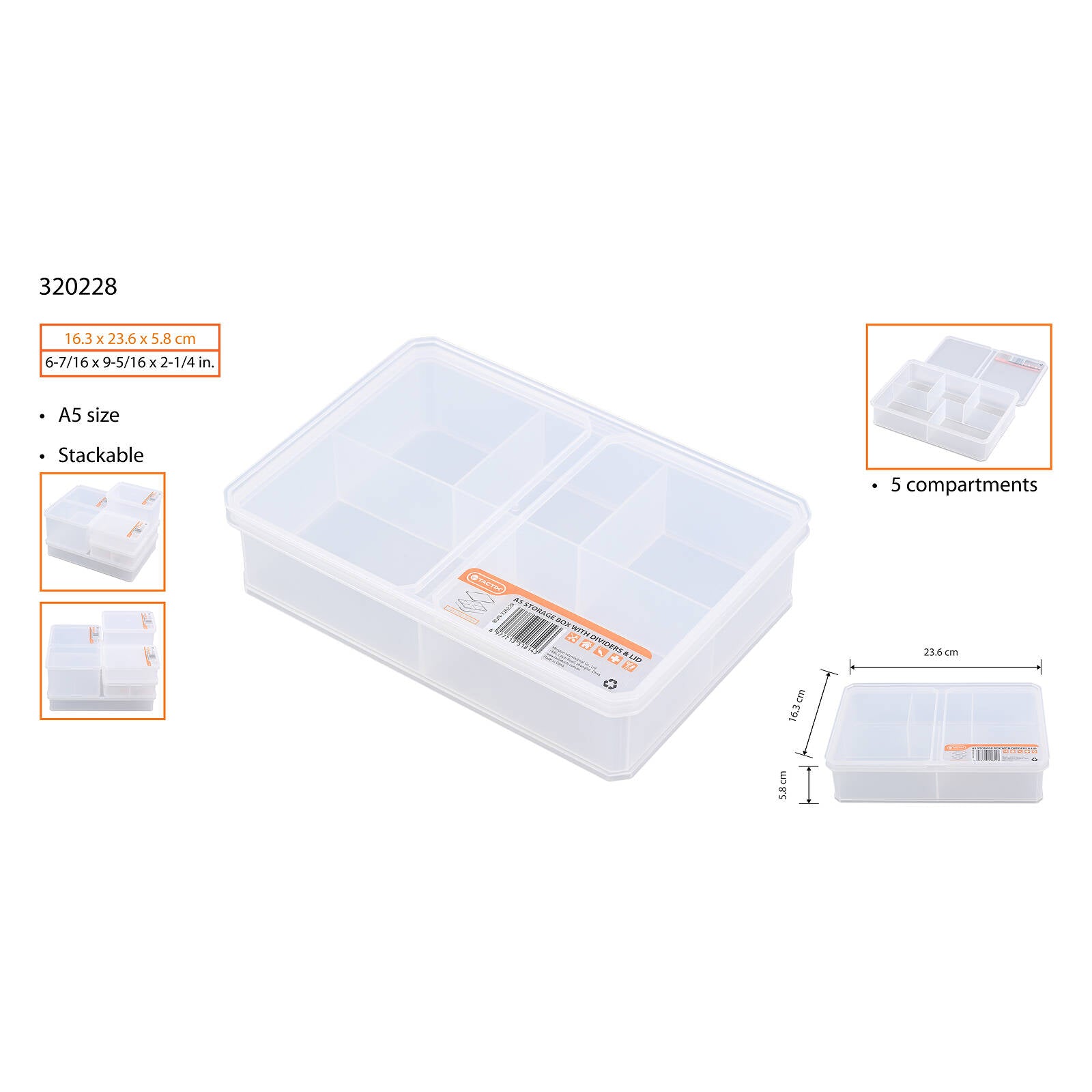 Tactix Medium A5 Storage Container with Divider 2L Plastic Stackable with Lid