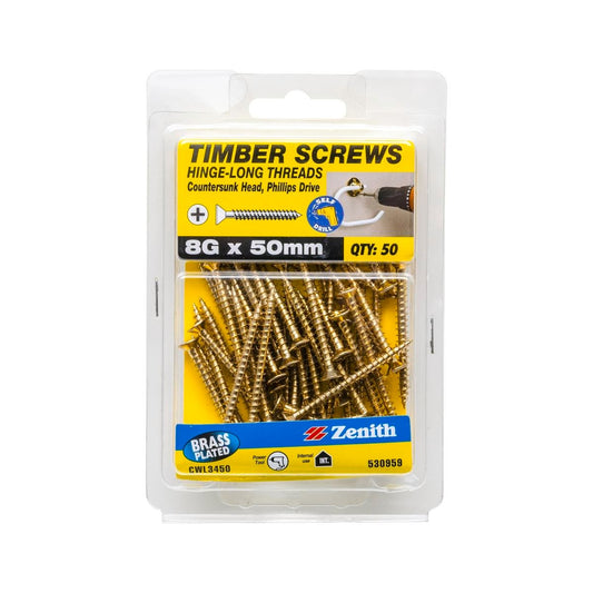 Zenith Timber Screws - 8g x 50mm - Brass Plated - Countersunk Head - 50 Pack