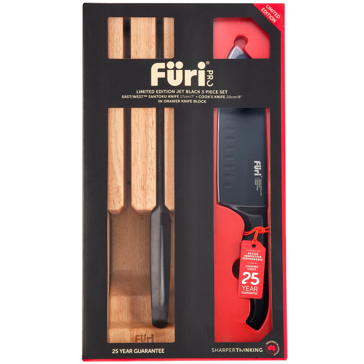 Furi Pro Jet Black 3 Piece Knife Set - Black Knives with Wooden Knife Holder - 41483
