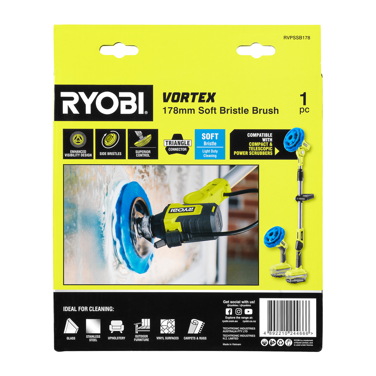 Ryobi 178mm Soft Bristle Power Scrubber Brush - Light Duty Cleaning Tool - SuperSaverAU - view 3