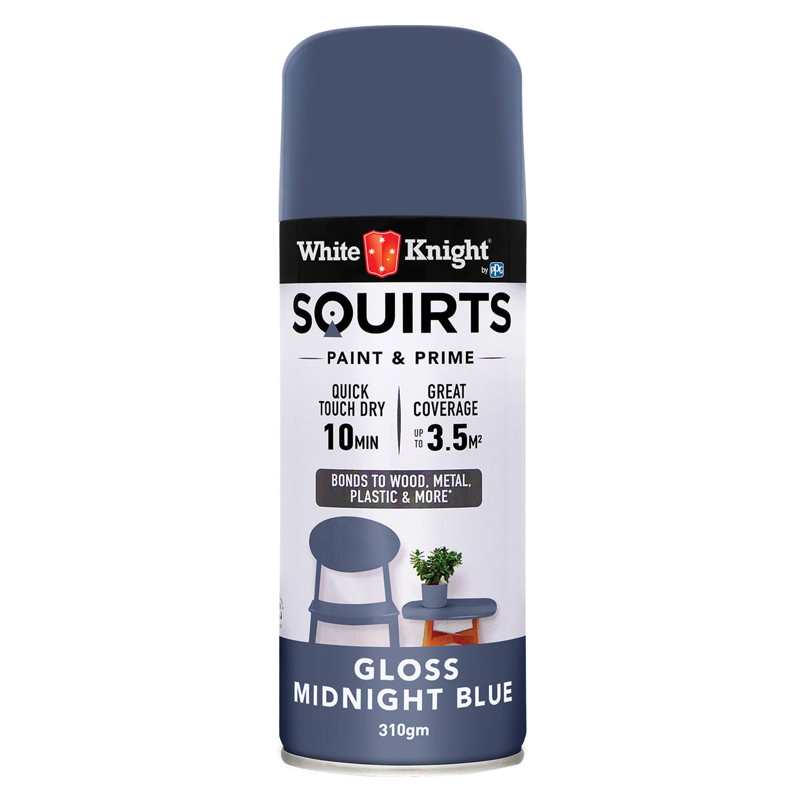 White Knight Squirts Midnight Blue Gloss Spray Paint 310g - Solvent-Based, Waterproof