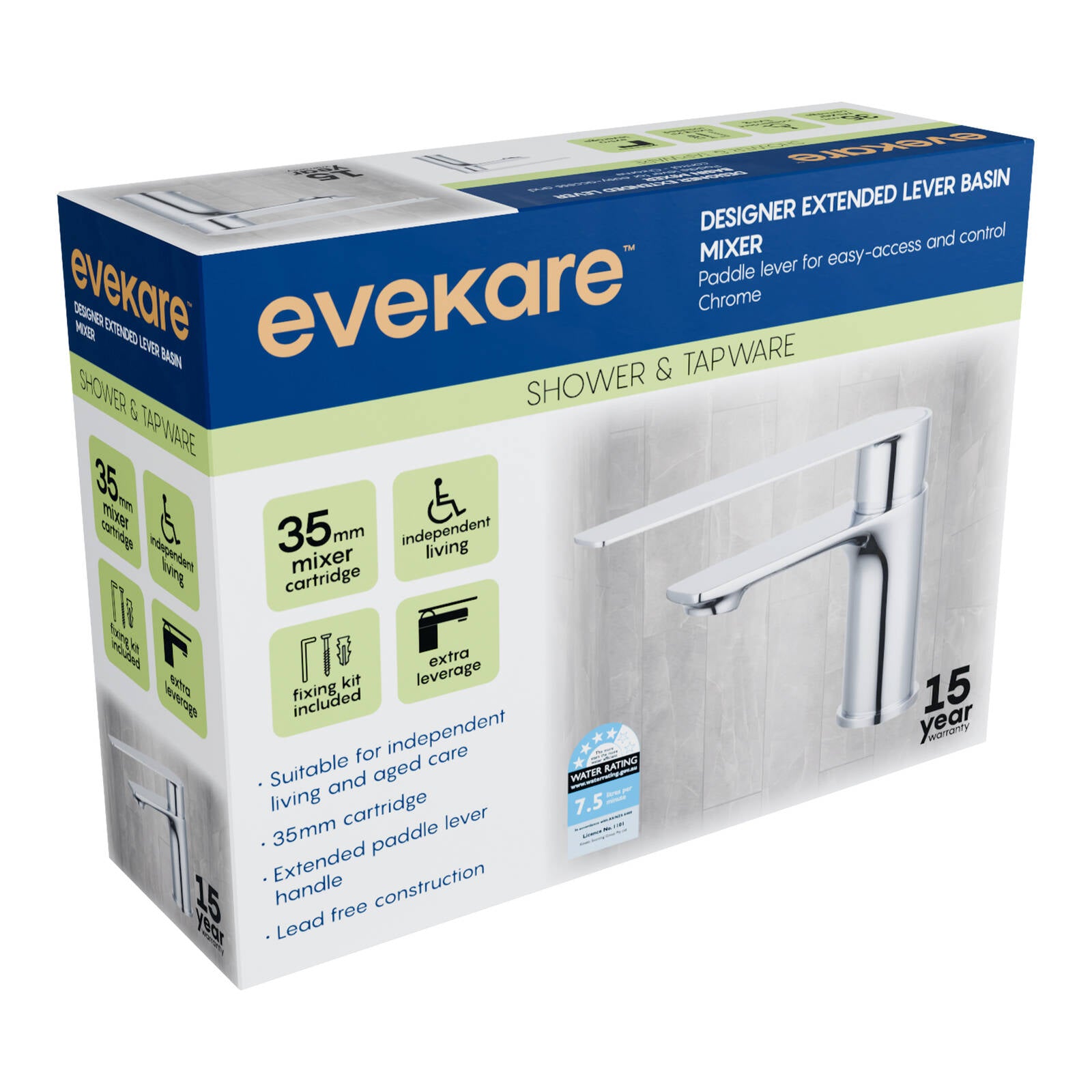 evekare Chrome Extended Lever Basin Mixer 4 Star WELS