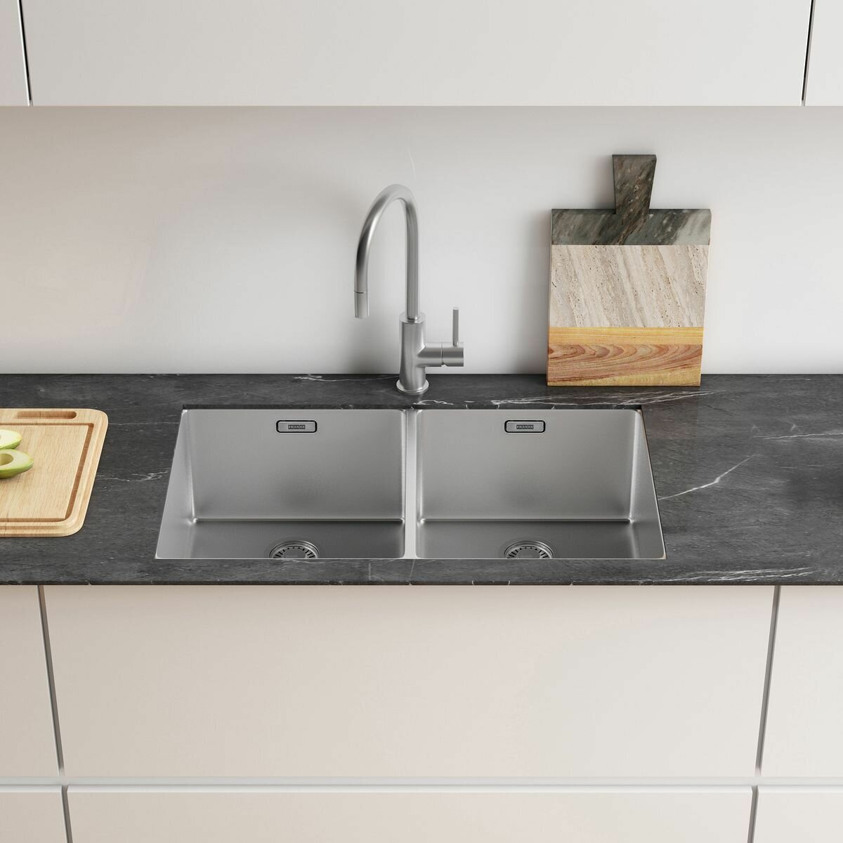 Franke Bolero double bowl sink 2 x 29L - 18/10 stainless steel, top, under or flush mount - BOX220-36