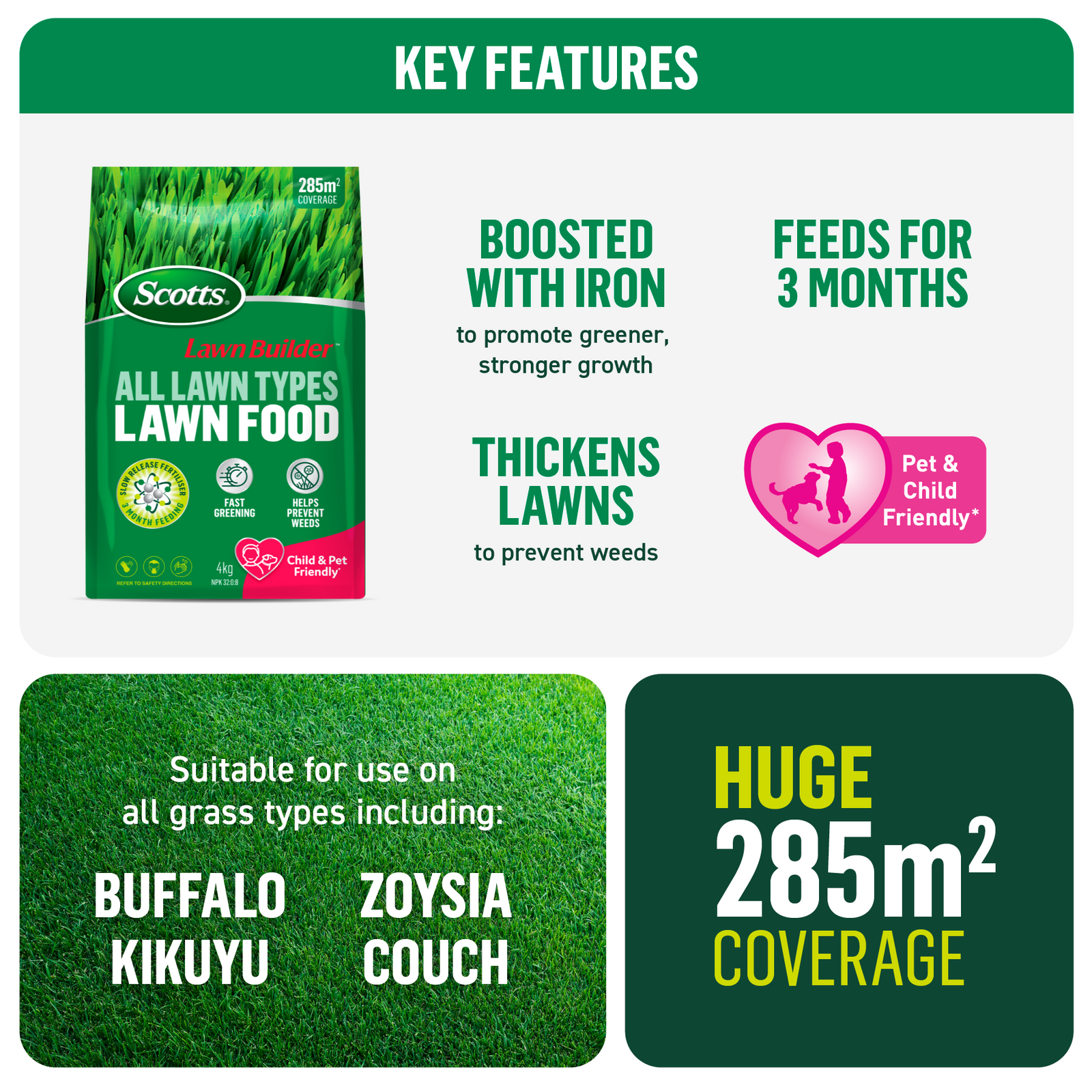 Scotts Lawn Builder All Lawn Types Lawn Food 4kg - Granular Slow Release, Covers 285m2