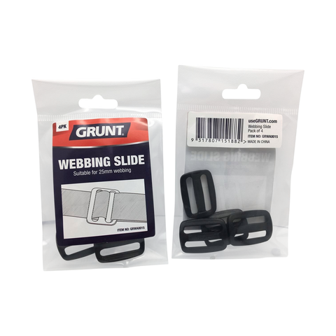 Grunt 25mm Black Webbing Slide Adjusters, Plastic, 4 Pack