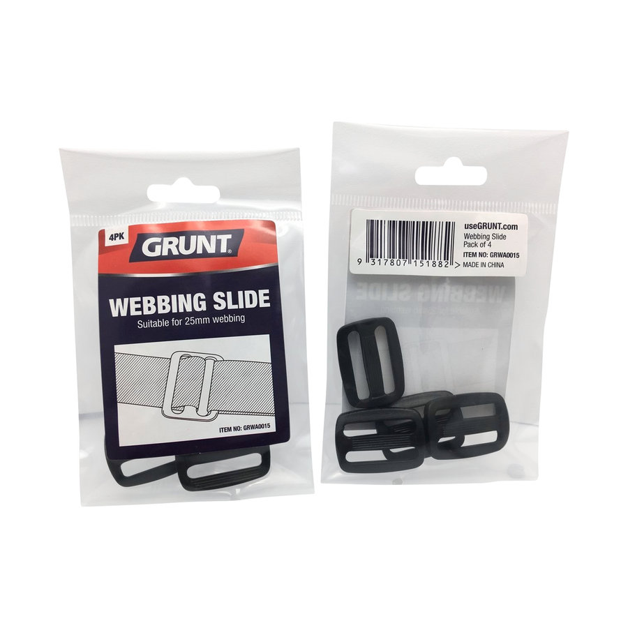 Grunt 25mm Black Webbing Slide Adjusters, Plastic, 4 Pack