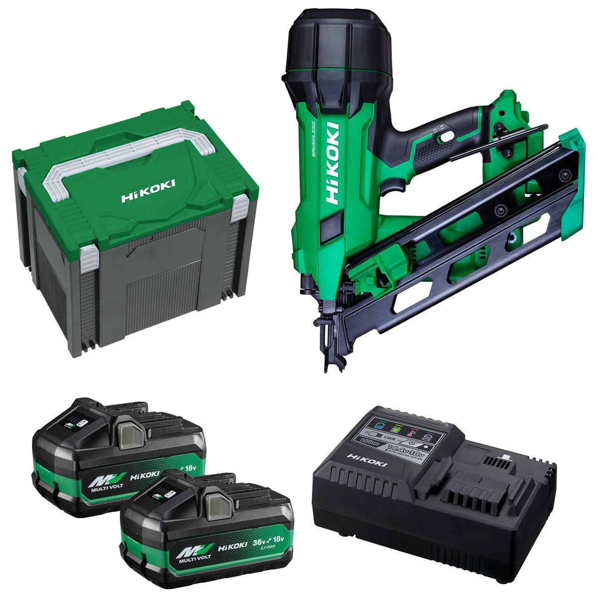 Hikoki 18V Brushless Cordless Framing Nailer 2xmv Kit nr1890dca - 350x330x100mm - Green - Lightweight & Cordless