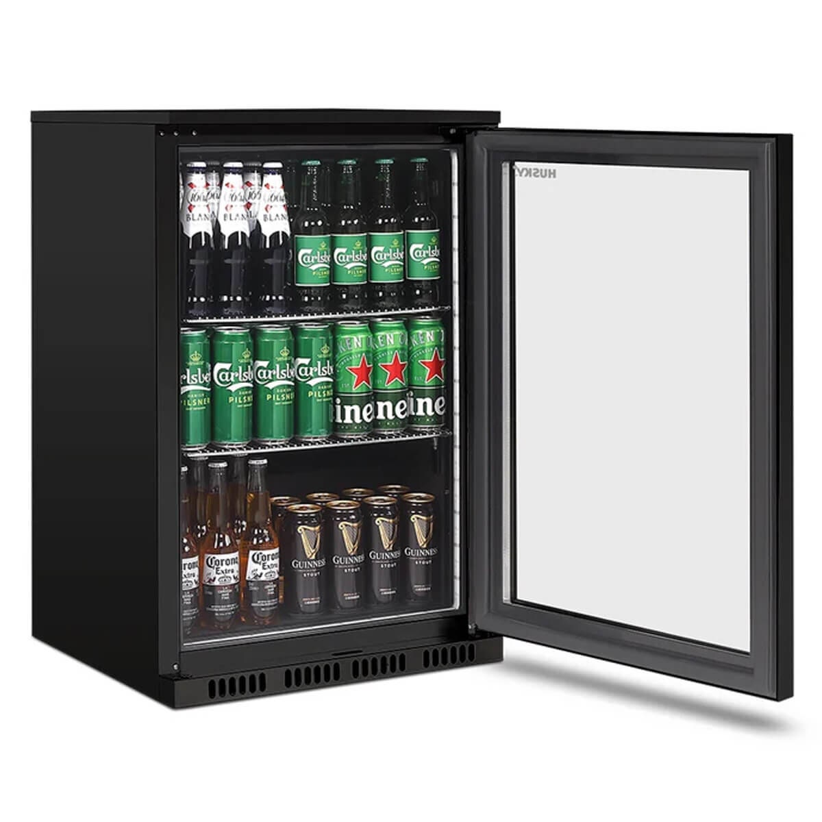 Husky 118L outdoor beverage fridge - black, lockable, anti-condensation glass door - ALFC1BLK840ELB