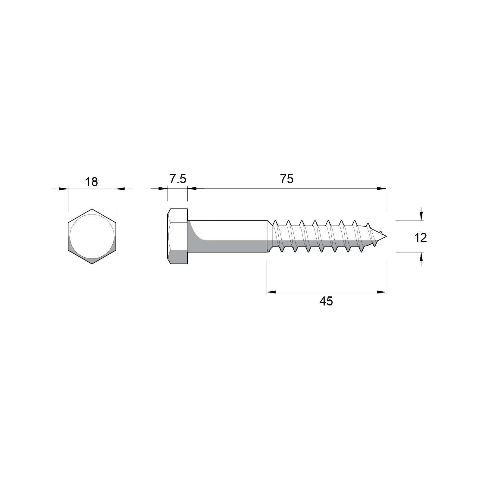 Zenith M12 x 75mm Hot Dip Galvanised Hex Head Coach Screw - Coarse Thread