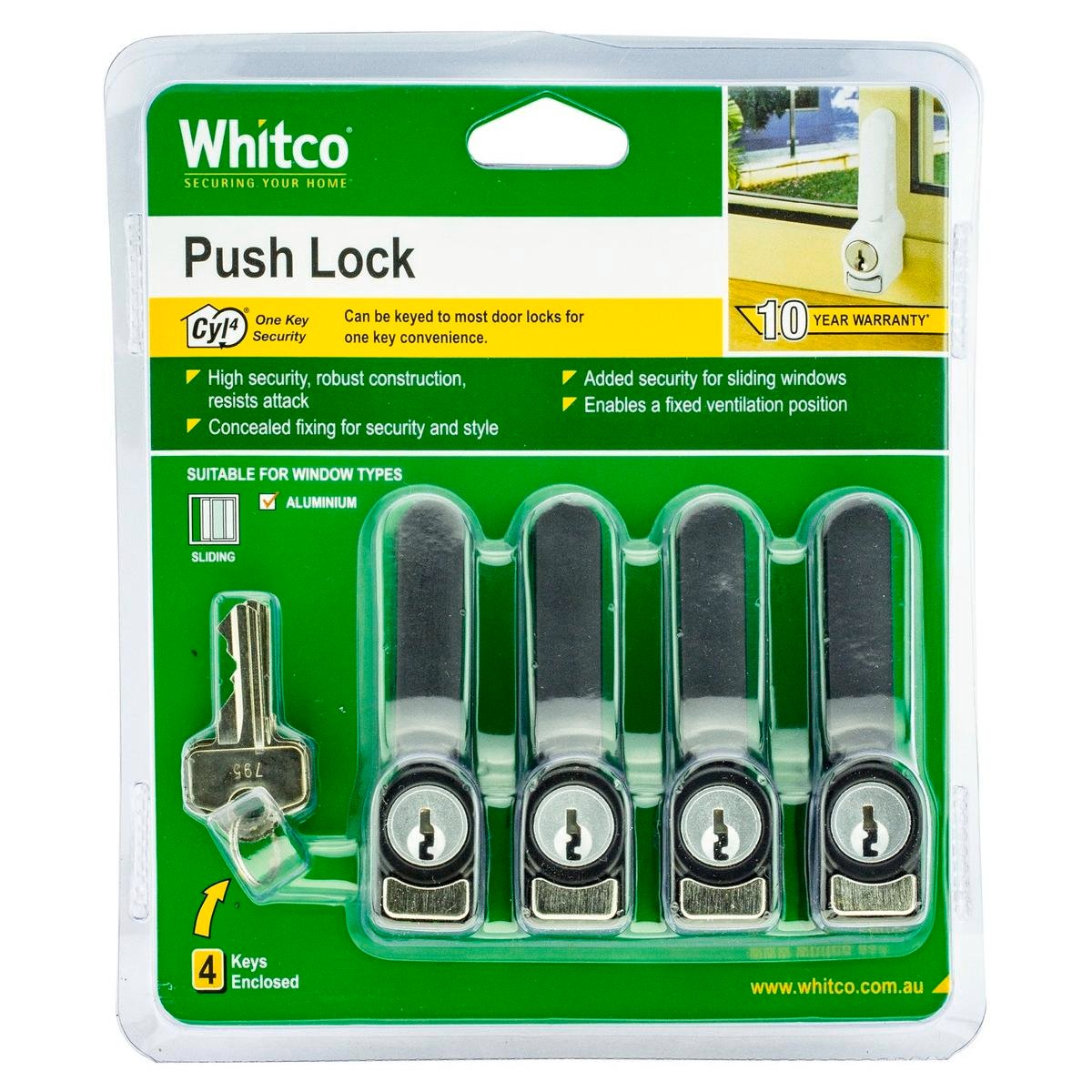 Whitco Sliding Window Push Lock 4 Pack - 13mm x 81mm x 37mm - Black - High Security - SuperSaverAU - view 1