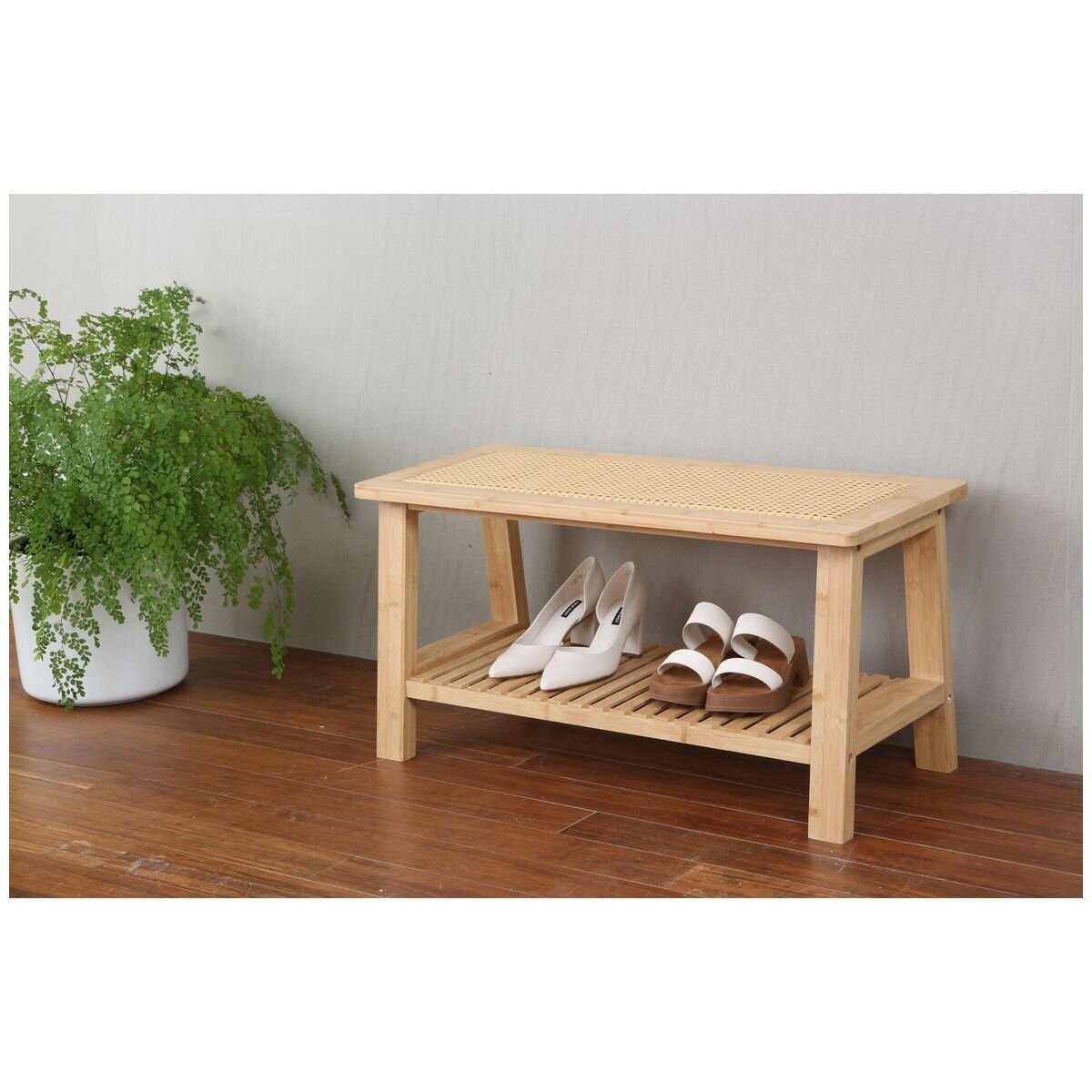 L.T. Williams Bamboo shoe rack with rattan seat - sustainable bamboo, bedroom or hallway storage - 9930-LT