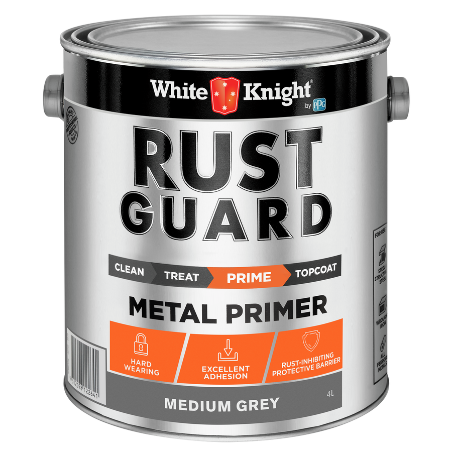 White Knight Rust Guard Metal Primer 4L - Medium Grey Solvent Based Rust-Inhibiting Primer