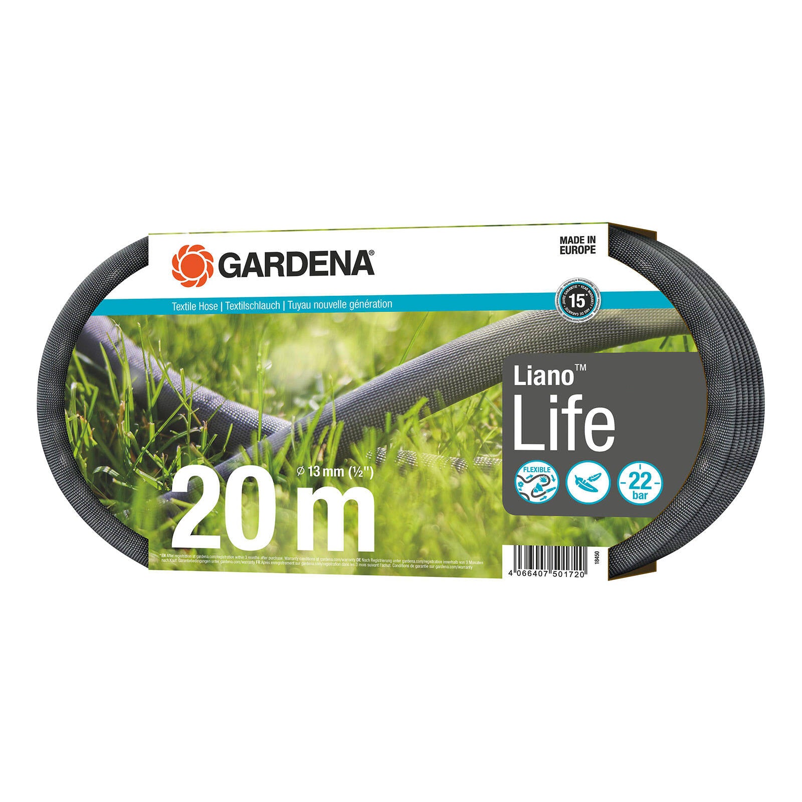 GARDENA Liano Life Textile Garden Hose 13mm x 20m Kink Resistant