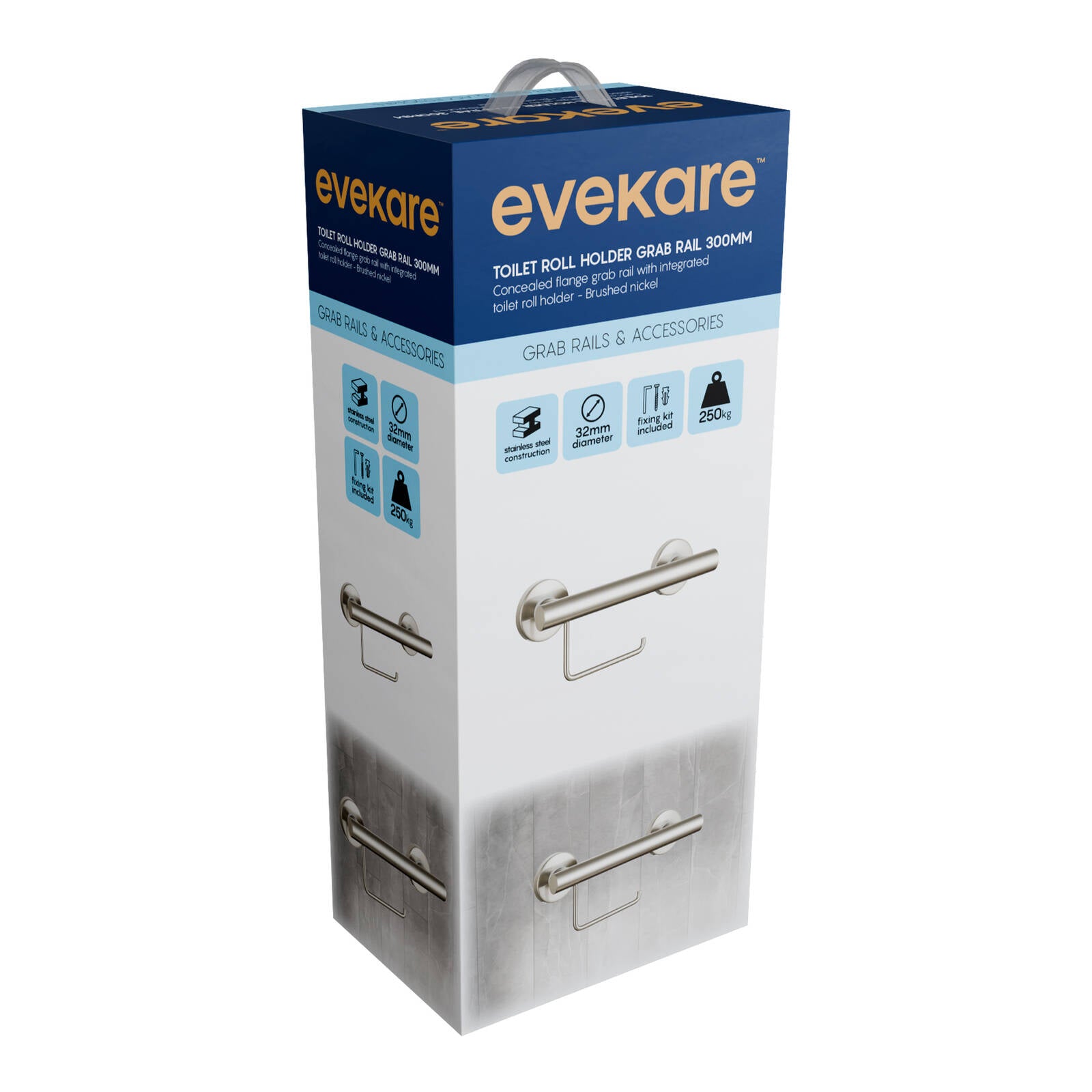 evekare Brushed Nickel Toilet Roll Holder with Grab Rail