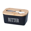 Ceramic Butter Box with Bamboo Lid and Knife, Refrigerator Cheese Box - Black