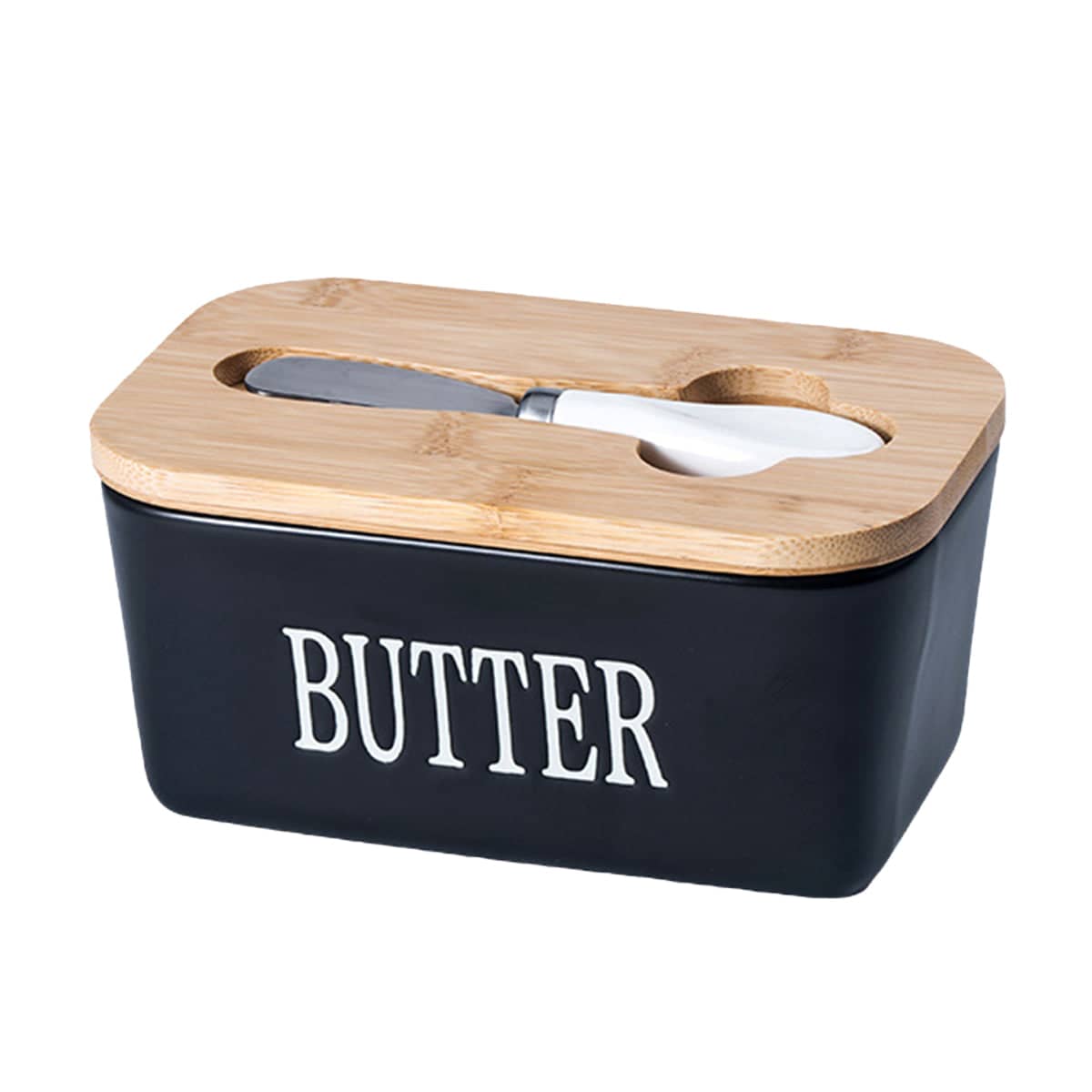 Ceramic Butter Box with Bamboo Lid and Knife, Refrigerator Cheese Box - Black