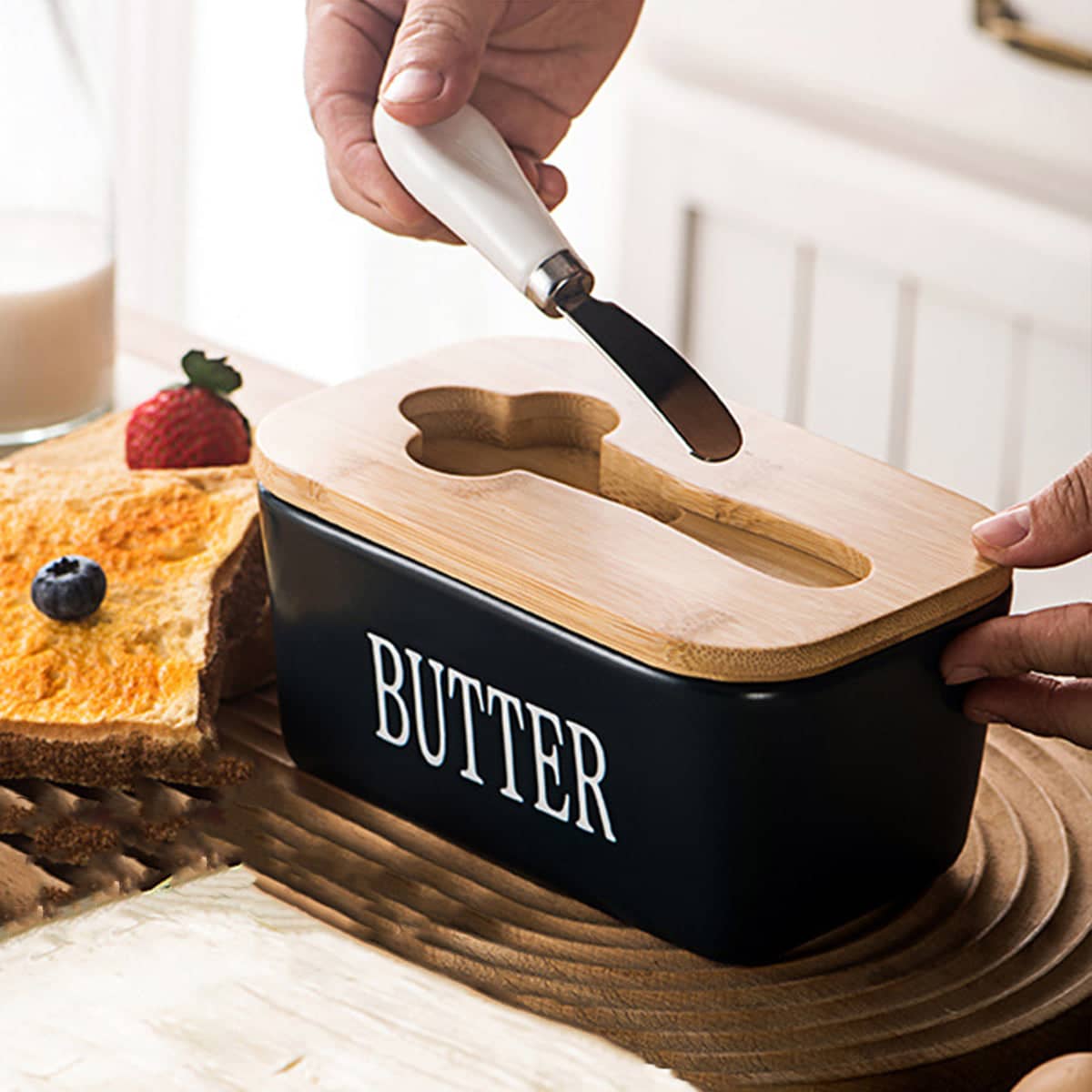 Ceramic Butter Box with Bamboo Lid and Knife, Refrigerator Cheese Box - Black - view 5