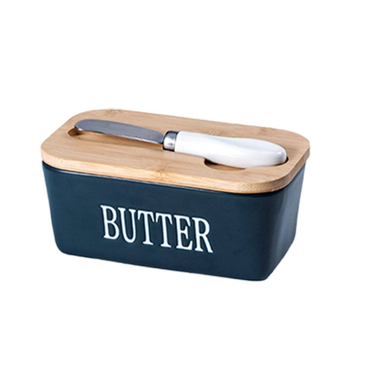 Ceramic Butter Box with Knife and Bamboo Lid - Blue