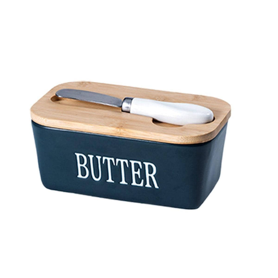 Ceramic Butter Box with Knife and Bamboo Lid - Blue