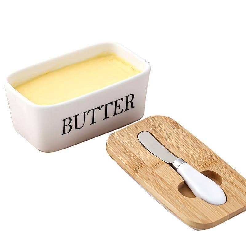 Ceramic Butter Dish with Bamboo Lid and Butter Knife, White - view 2